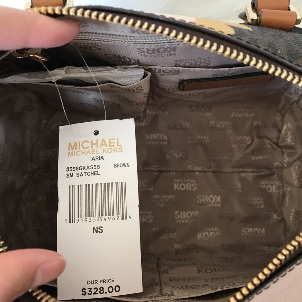 NWT Michael Kors Small Satchel Aria Brown Bag Stud - Picture 7 of 8